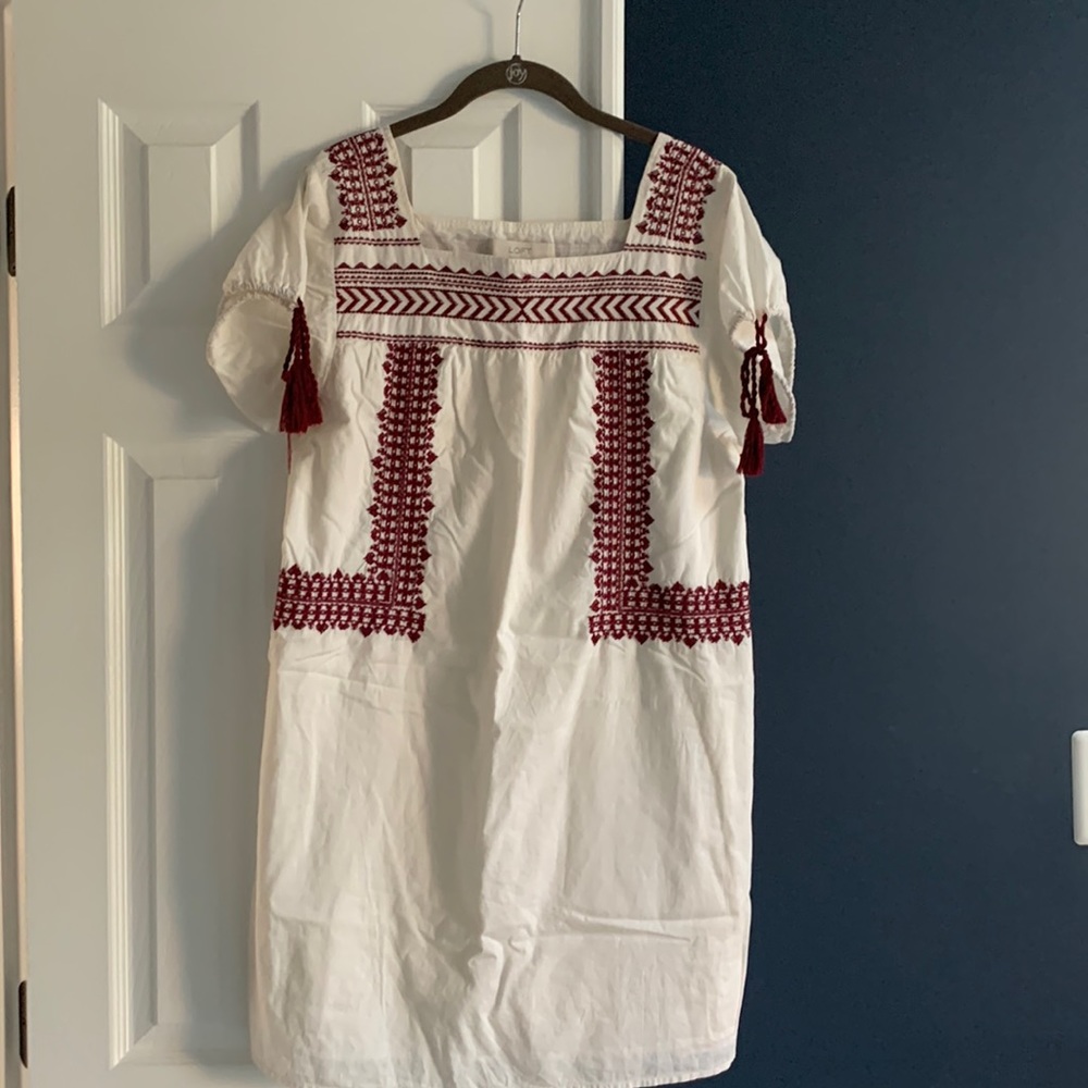 LOFT White Dress with Red Embroidery